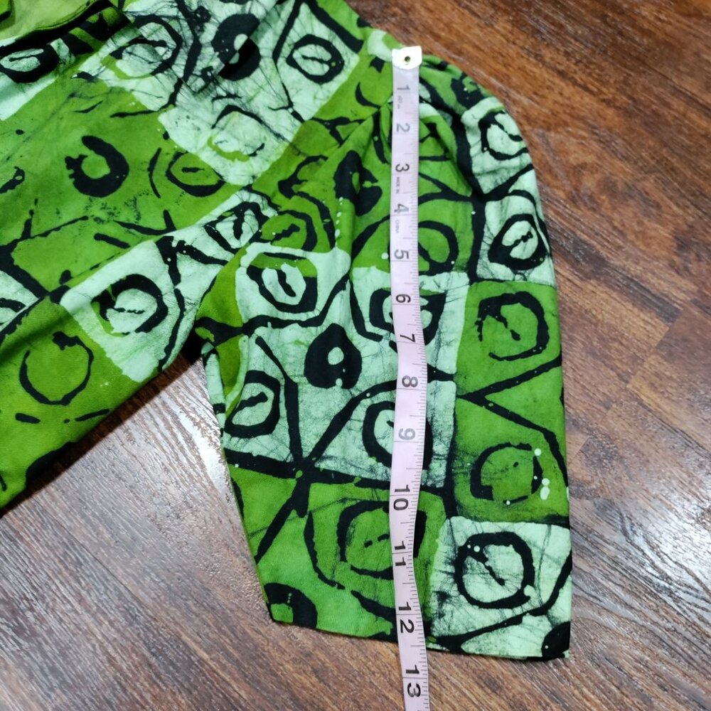 African Handsewn Print Tribal Cotton Puff Sleeve Office Button-Up Shirt Green S - Picture 7 of 11